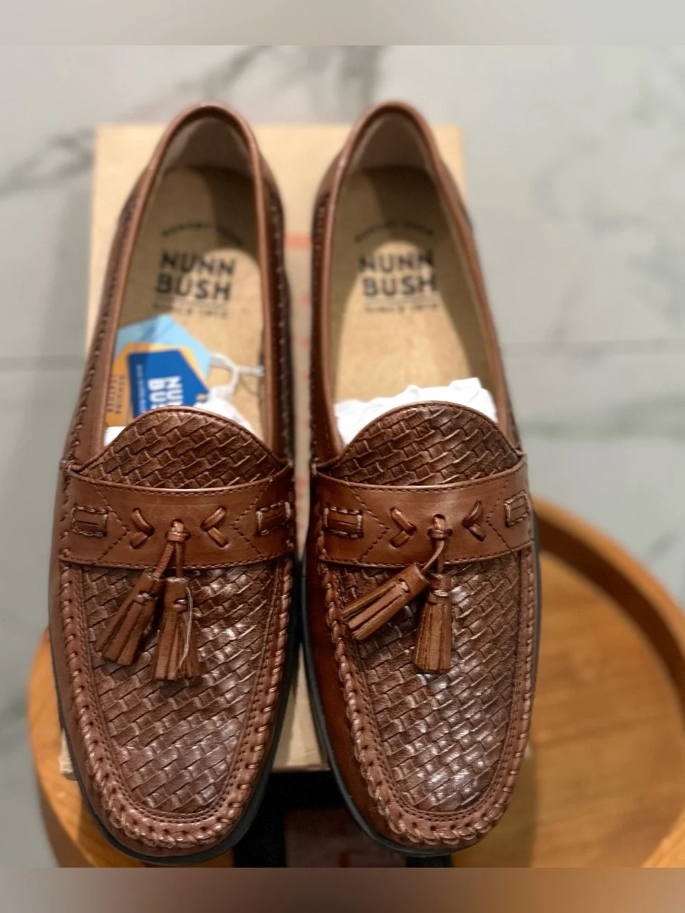 Nunn Bush Strafford Woven Tassel Loafers Men’s 8.5 Cognac Leather NWT